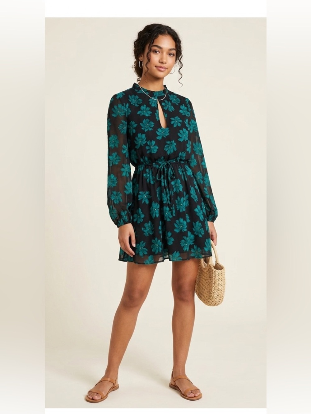 Bar III Black Mini Dress with Teal Floral Print